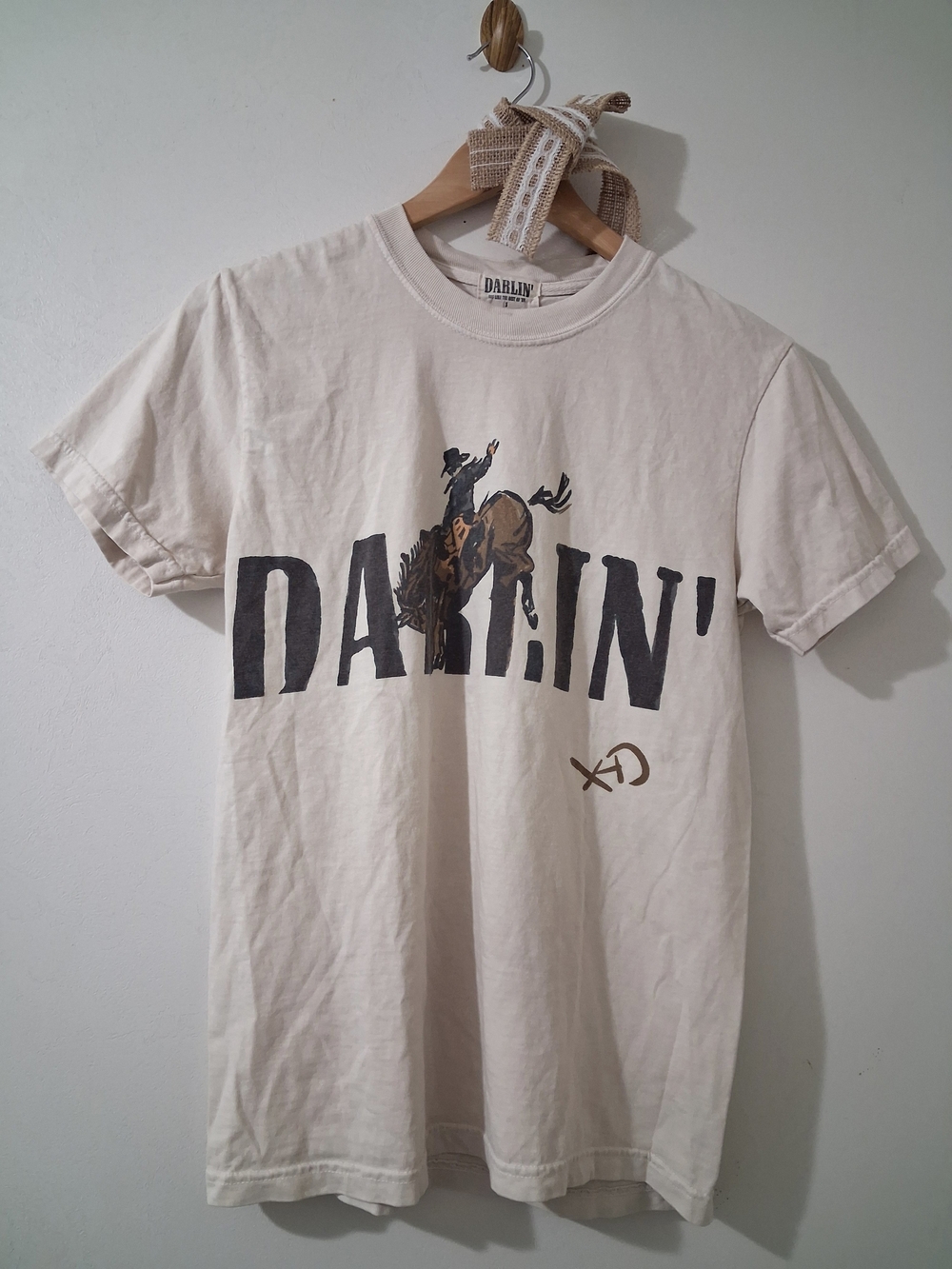 Darlin' Swimwear Ivory Cream Bronc Western Rodeo Cowboy Graphic Short Sleeve Tee